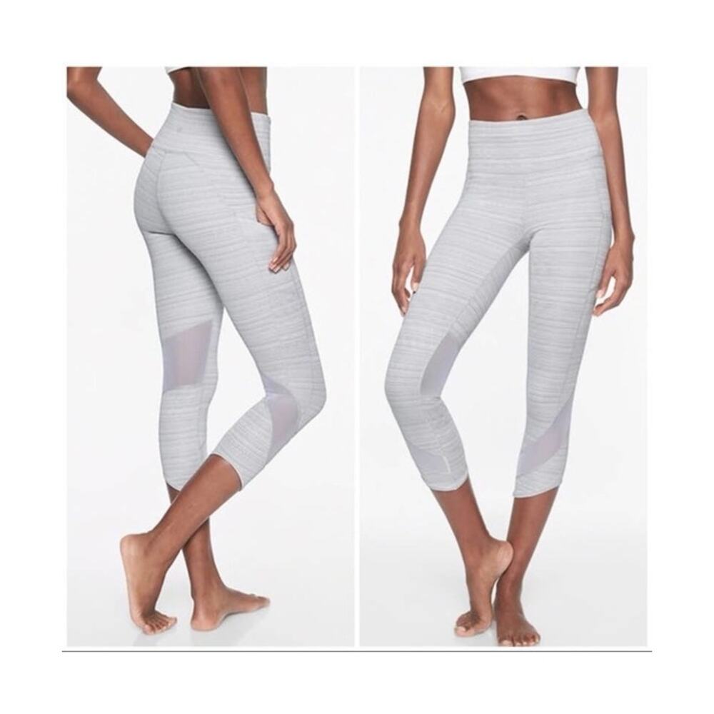 Athleta Chat to Town Gray Jacquard Mesh High Rise Cropped Workout Leggings